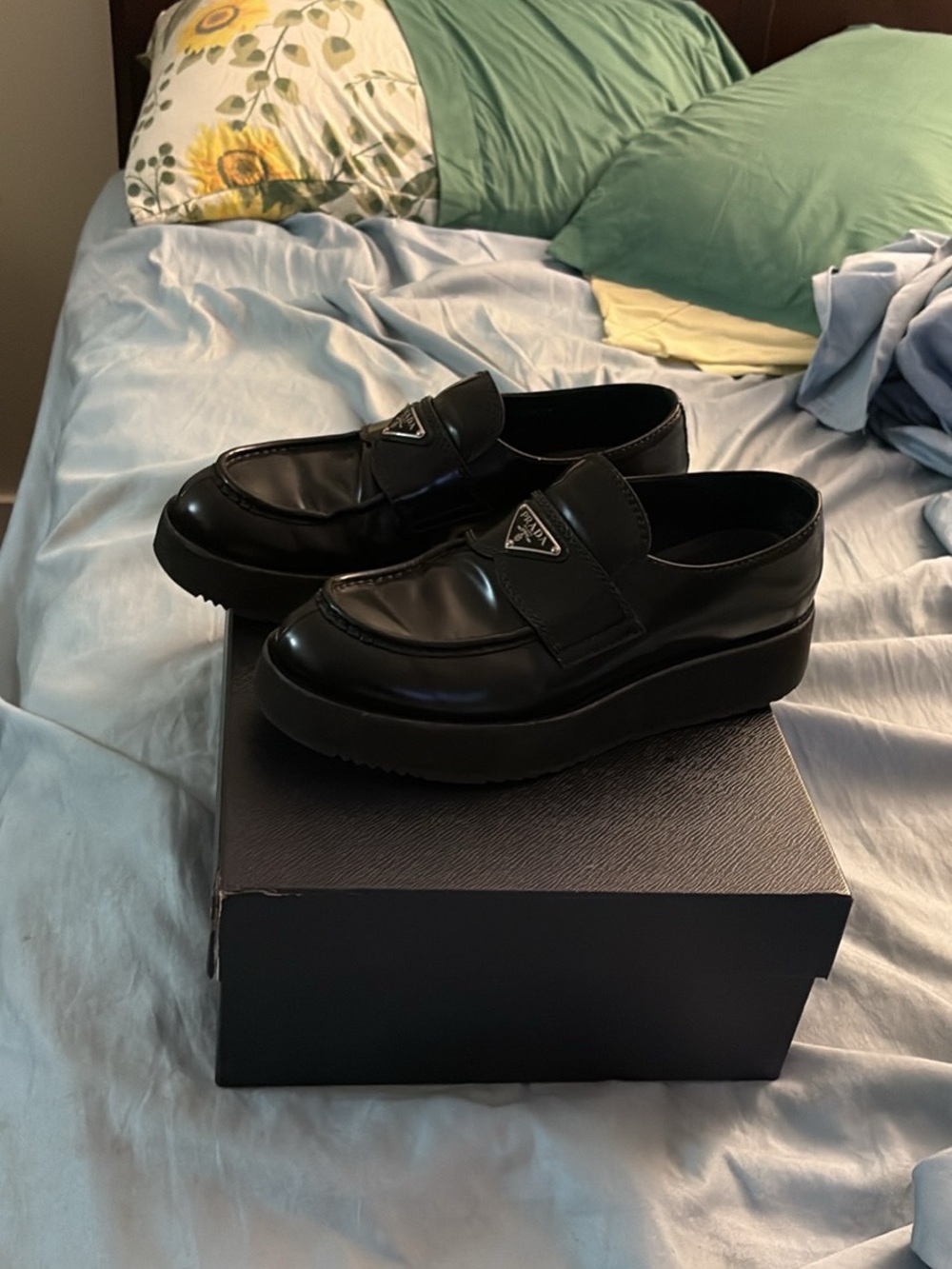 Prada Black Leather Platform Penny Loafers with Triangle Logo - Picture 3 of 6